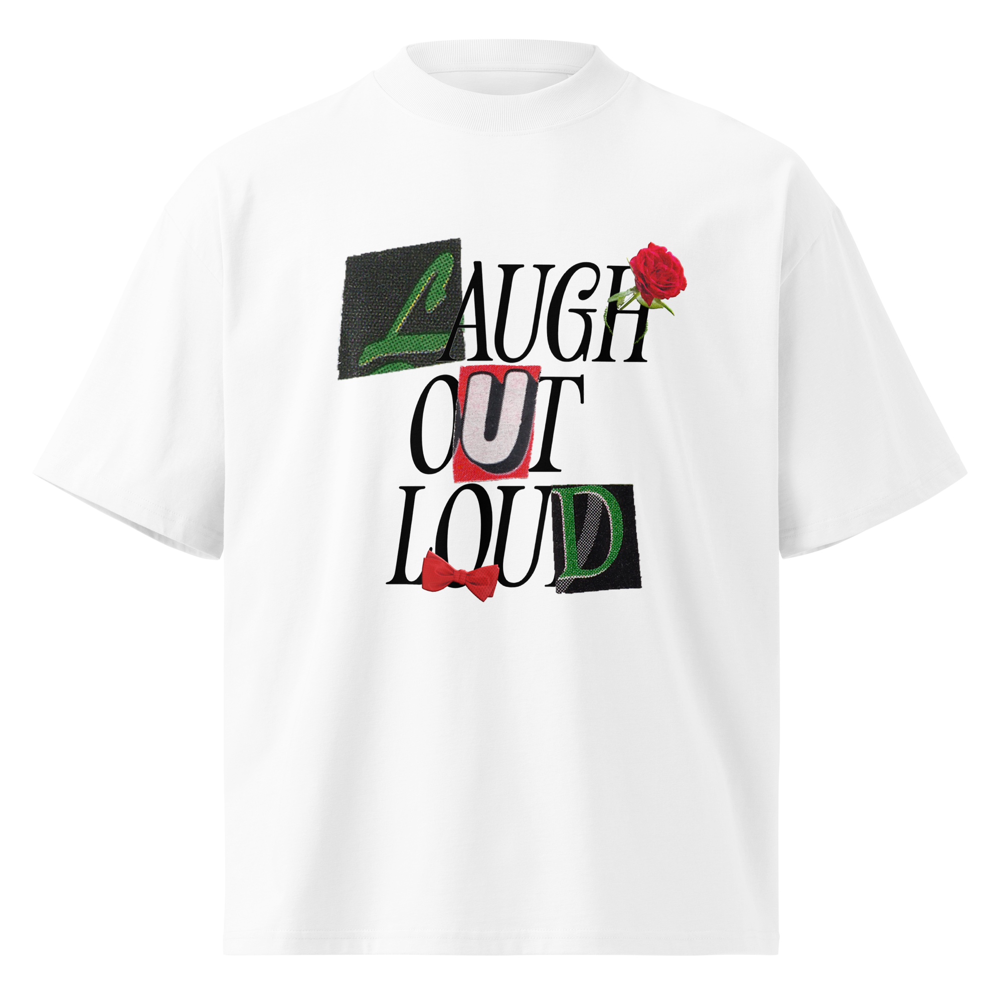 White oversized high-neck LOL anniversary T-shirt mockup